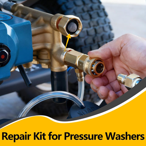Person installing connector with 84 Piece Pressure Washer O Rings And Washers Kit With 5 Sizes Including Screen Filter Washer and QD Colored O Rings