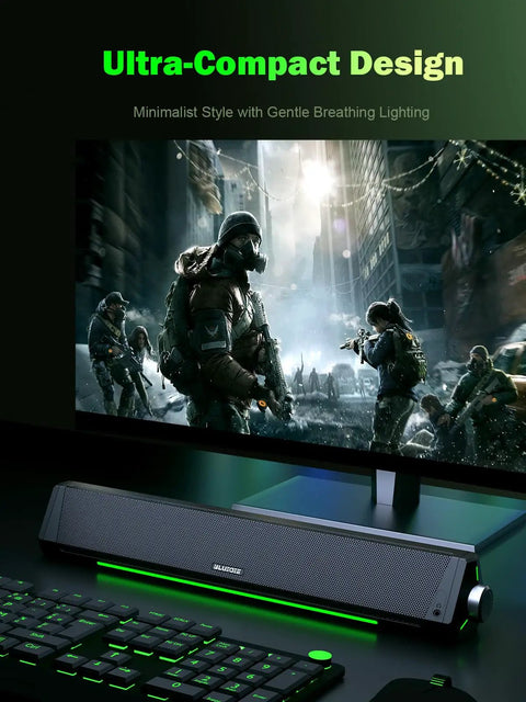 HiFi Computer Speakers For Desktop PC And Gaming Setup With Bluetooth 5.0 And 3.5mm Aux In USB C Powered Soundbar For Laptop And PC Crisp Highs And Punchy Bass Anti Magnetic Tech For Clear Immersive Audio on desk under monitor