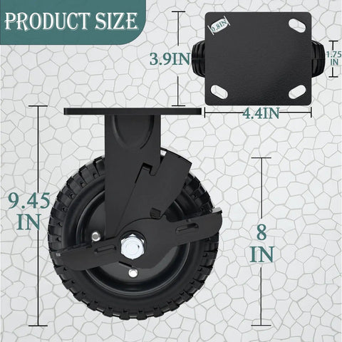Beefy 8 Inch Caster Wheel With Brake Set Of 2 1100 Lbs Capacity Black Rim Solid Rubber Cast Iron dimensions and design