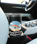 Hang Glider Whisperer Stainless Steel Insulated Tumbler with bold hang gliding artwork in car cupholder, 20 oz size.