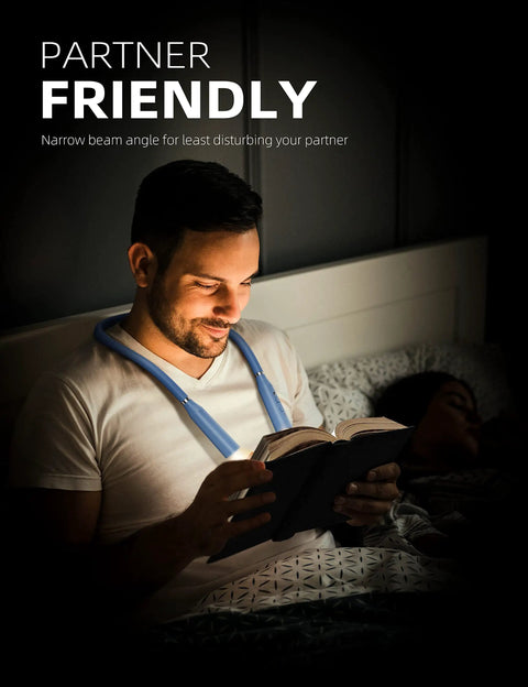 Man reading in bed with neck reading light, rechargeable LED, 6 modes, 3 color temps, blue flexible arm, partner friendly