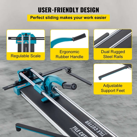 BestEquip 48-inch manual tile cutter with turquoise frame, dual steel rails and adjustable support feet