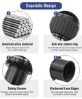 Four features of 15mm Ultra Wide Angle Eyepiece For Telescopes One Point Two Five Inch 82 Degree Field Of View Waterproof And Fogproof Multi Coated With Filter Thread Compact UWA Accessory For Astronomy And Stargazing shown: anodized alloy, anti-slip ring, safety groove, blackened lens edges.