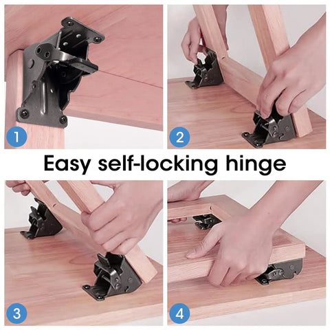 12 Pack Heavy Duty Self Locking Hinges For Folding Tables showing installation steps with steel brackets for easy assembly.