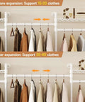 Wall Mounted Garment Rack and Closet System With Two Expandable Rods Six Adjustable Shelves Industrial Pipe Style Metal Shelving in White Heavy Duty Walk In Closet Organizer Easy Install Durable Clothes Storage Solution showing expansion feature for increased capacity