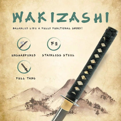Unsharpened Stainless Steel Wakizashi Iaito for Iaido Practice, highlighting balanced design and full tang.