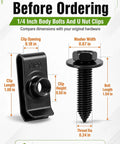 One Quarter Inch Body Bolts U Nut Clips Kit With Hex Head Fender Screws For Automotive Repair, DIY Friendly Black Phosphate Fasteners Set To Replace Missing Or Rusted Factory Fasteners On Everyday Projects. black 1/4 inch body bolt and U-nut clip size guide