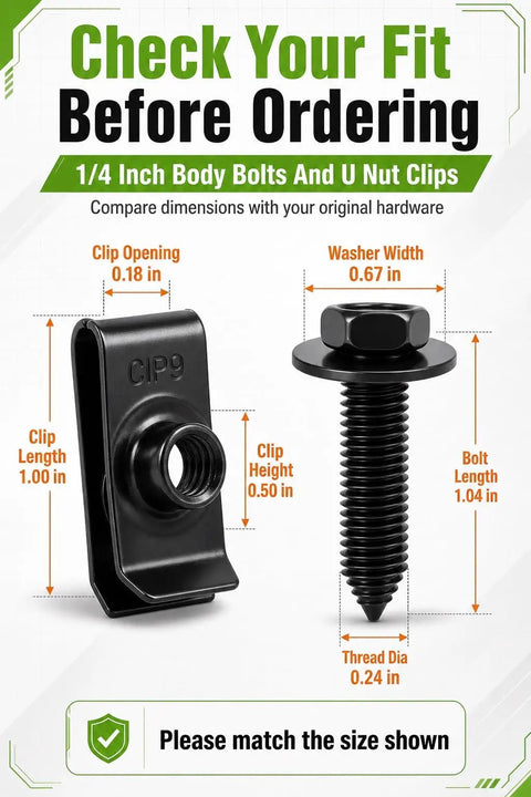 One Quarter Inch Body Bolts U Nut Clips Kit With Hex Head Fender Screws For Automotive Repair, DIY Friendly Black Phosphate Fasteners Set To Replace Missing Or Rusted Factory Fasteners On Everyday Projects. black 1/4 inch body bolt and U-nut clip size guide