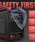 Front view of Five In One Tig Welder And Plasma Cutter All Purpose Welding Machine with safety features displayed on screen