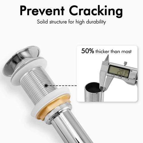 All Metal Rustproof Pop Up Bathroom Sink Drain for 1.6 to 1.9 Inch Sink Hole, Polished Chrome, detail of thickness measurement