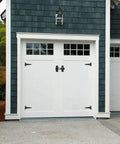 Self-Closing Gate Latch Kit With Tee Hinge And 4-Inch T-Strap Hinges Black Finish on white garage door