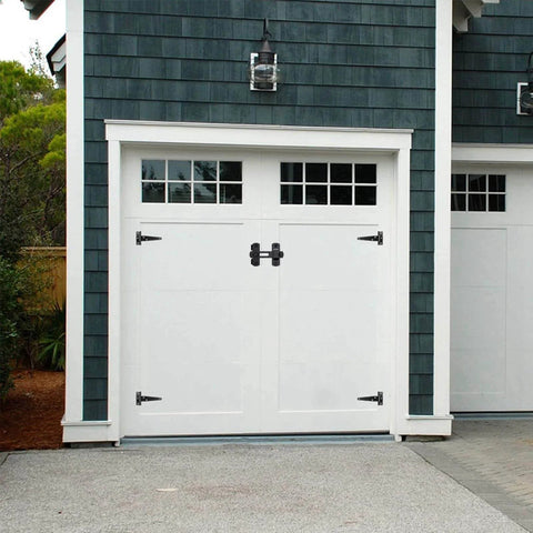 Self-Closing Gate Latch Kit With Tee Hinge And 4-Inch T-Strap Hinges Black Finish on white garage door