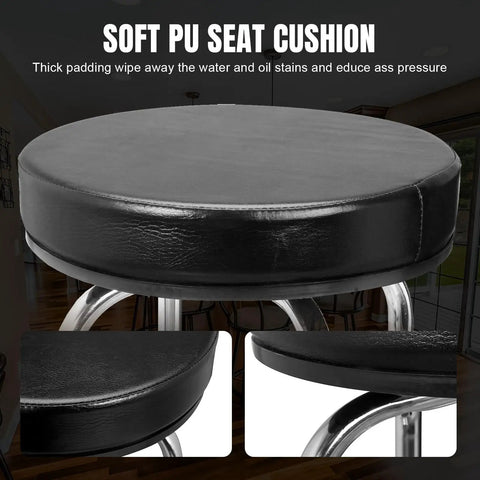 Swivel Bar Stool With Padded 14.5 Inch Seat And Chrome Plated Legs For Garage Or Shop, seat cushion close-up
