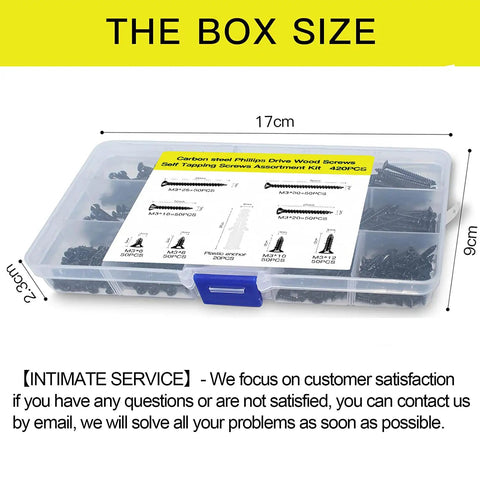 Wood Screw Assortment Kit 400 Screws And 20 Anchors With Philips Flat Head Short Wood Screws rust resistant black box