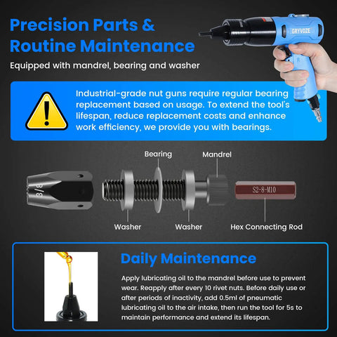 Diagram of Pneumatic Rivet Nut Gun Kit With Eleven Mandrels One Quarter Inch Five Sixteenths Inch Three Eighths Inch Pro Grade Air Rivnut Tool Set showing parts and maintenance instructions.
