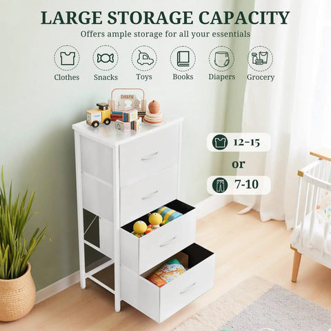 No Fuss Space Saving Nightstand With Four Drawers And Wood Top Steel Frame End Table With Fabric Bins White Finish in a room