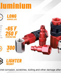 34-Piece 1 Quarter Inch Quick Connect Air Fittings Kit with aluminum couplers and plugs showing temperature and PSI ratings