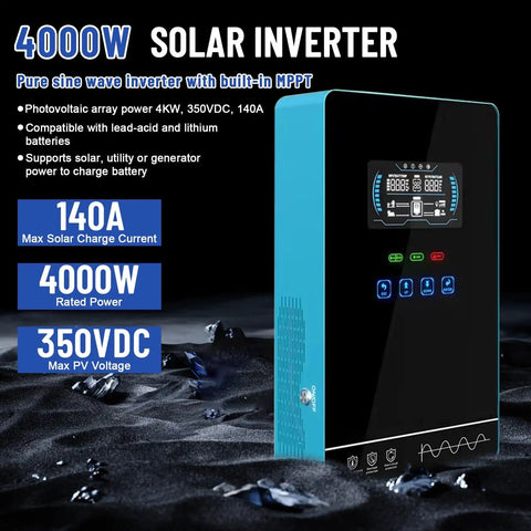 4000W Hybrid Solar Inverter With 24V DC To 120V AC Pure Sine Wave Glass LCD Display shown on rocky surface
