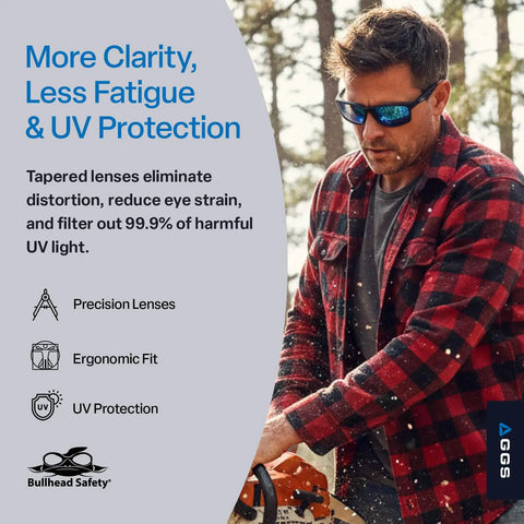 Man wearing Polarized Safety Glasses With Performance Fog Technology, ANSI Z87 Plus for UV protection outdoors.