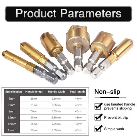 HOHXEN 6-piece countersink drill bit set, titanium-coated steel, hex shanks, 6–19 mm, front view