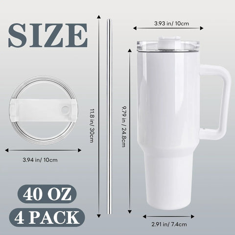 8 Pack 40 Oz Sublimation Tumblers With Handle Stainless Steel Blank Insulated Travel Mugs, lid, straw, with measurements shown