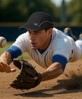 Man playing baseball wearing Lightweight Baseball Bump Cap With Removable ABS Shell And Breathable Polyester, Work Site Ready Head Protection Hat.