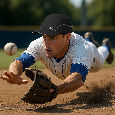 Man playing baseball wearing Lightweight Baseball Bump Cap With Removable ABS Shell And Breathable Polyester, Work Site Ready Head Protection Hat.