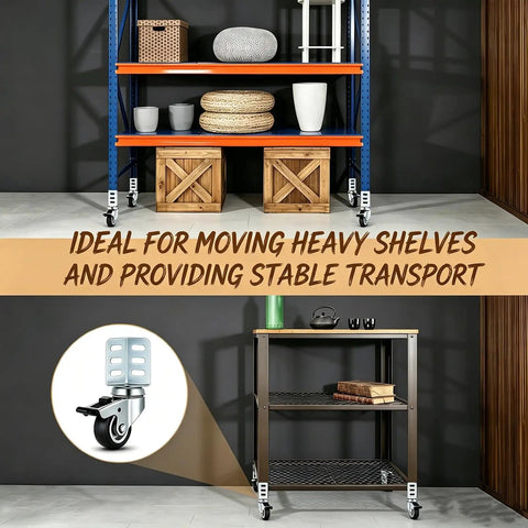 Top Shelf 8 Pack 2 Inch Black Swivel Caster Wheels With Side Mount Locking Brakes Heavy Duty Mobility fix for shelving units with stable transport setup.