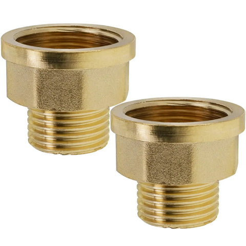 Two Pack Brass Pipe Fittings 1/2 Inch To 3/4 Inch NPT Reducer Adapter Coupler showing two brass adapters with male and female ends.