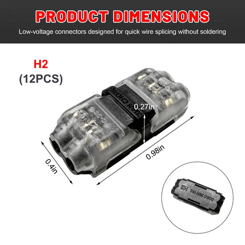 Twelve Pack Solderless Wire Connectors For Trucks And RVs Quick Twist Lock Terminals, dimensions shown for easy splicing.