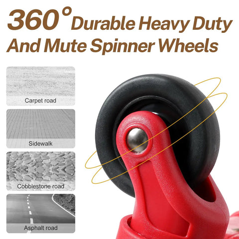 Close-up of 360-degree heavy-duty mute spinner wheel on Vintage Inspired 3-Piece Luggage Set with red crocodile-embossed finish.