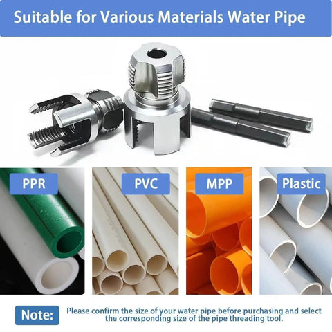 Heavy Duty Water Pipe Thread Cutter For 1/2 Inch 3/4 Inch And 1 Inch Pvc Ppr Pipes showing alloy steel cutters and various pipe materials.