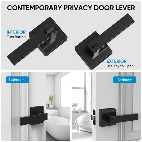 Matte Black Door Handle Set Built Tough Heavy Duty Reversible Square Lever For Bedroom And Bathroom With Keyed Entry