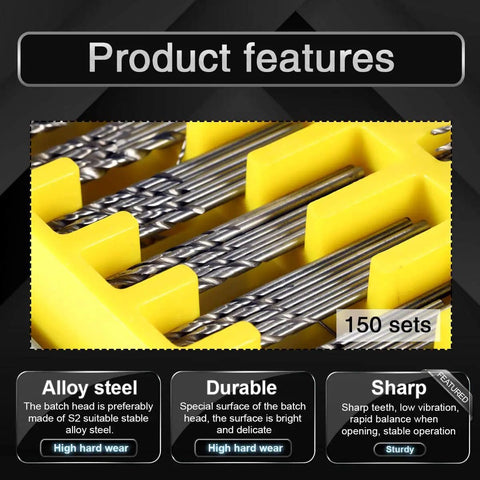 Close-up of Mini Twist Drill Bit Kit 150 Pc HSS Micro Precision Set for PCB Jewelry Crafts in yellow storage case.