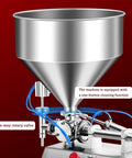 Zero Fuss Heavy Duty Pneumatic Paste And Liquid Filling Machine With 40 Liter Hopper Zero Drip Valve showcasing the funnel and rotary valve.