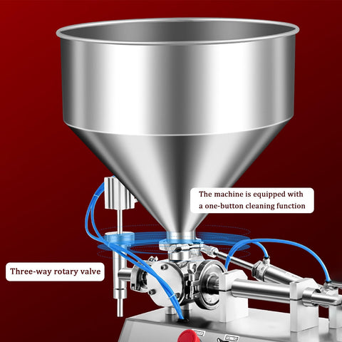 Zero Fuss Heavy Duty Pneumatic Paste And Liquid Filling Machine With 40 Liter Hopper Zero Drip Valve showcasing the funnel and rotary valve.