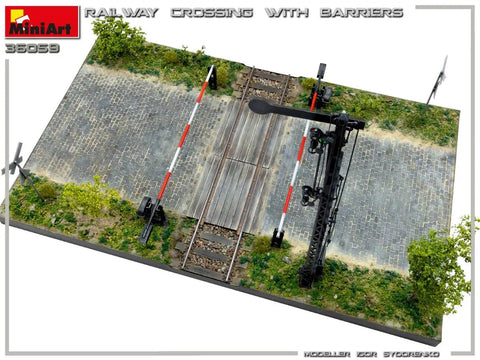 1 35 Scale Railroad Crossing Diorama Plastic Model Kit in Grey with realistic barriers and tracks, top view display