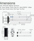Diagram of Compact Pneumatic Cylinder 10mm Bore 75mm Stroke Single Rod Design Double Action Aluminum Alloy Body TN10x75 dimensions.