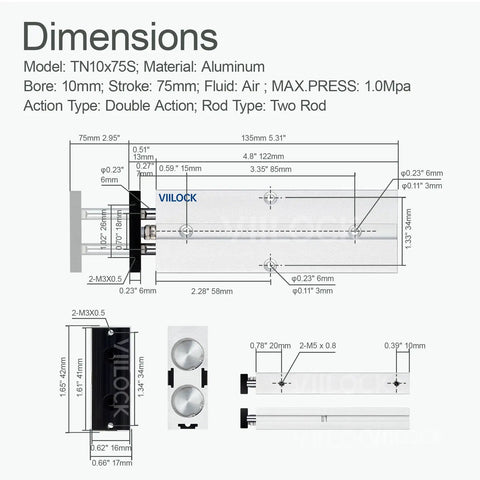 Diagram of Compact Pneumatic Cylinder 10mm Bore 75mm Stroke Single Rod Design Double Action Aluminum Alloy Body TN10x75 dimensions.