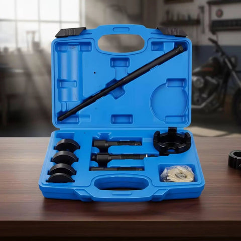 Badass Motorcycle Bearing Puller Tool Kit Extractor Installer Remover Set Hydraulic Hub Service Carbon Steel Build With Long Pull Rod And Adapters For All Riders Seeking High Performance Maintenance Solutions For Their Machines Right Now in blue case, carbon steel hub puller set
