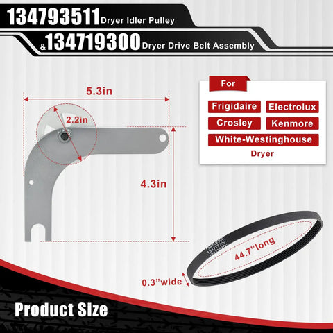 Dryer Idler Pulley And Drive Belt Kit 134793511 137315300 with dimensions for Frigidaire Electrolux Crosley Kenmore White-Westinghouse
