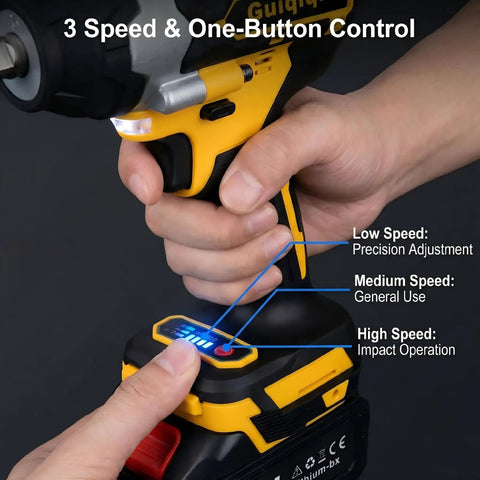 Beefy 21V Brushless Cordless Impact Wrench Kit With Half Inch Drive 600 Nm Torque showing 3 speed settings.