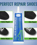 Slow Dry Shoe Glue For Sole Repair Pro Grade Waterproof Clear Adhesive That Fixes Sneakers Boots Sandals Leathers Handbags And More With Tough As Nails Bond And Quick Set Time For Reliable Everyday Wear 60ml tube with before and after repair images of black sneakers.