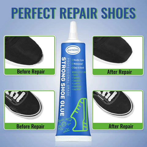Slow Dry Shoe Glue For Sole Repair Pro Grade Waterproof Clear Adhesive That Fixes Sneakers Boots Sandals Leathers Handbags And More With Tough As Nails Bond And Quick Set Time For Reliable Everyday Wear 60ml tube with before and after repair images of black sneakers.