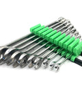 Space Saving Wrench Organizer Set With Infinitely Adjustable Dividers Holds Up To 42 Wrenches arranged with green dividers