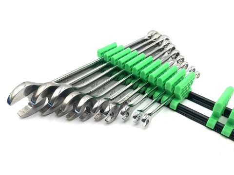 Space Saving Wrench Organizer Set With Infinitely Adjustable Dividers Holds Up To 42 Wrenches arranged with green dividers
