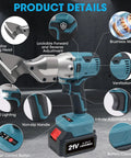 Sumumtor Brushless Cordless Metal Shears With Two 4.0Ah Batteries, showing steel alloy cutting head and non-slip handle.