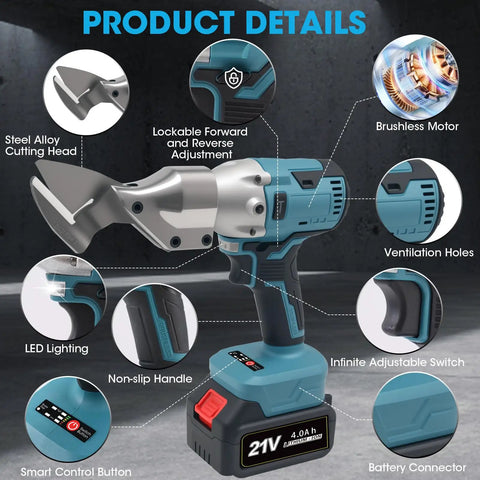 Sumumtor Brushless Cordless Metal Shears With Two 4.0Ah Batteries, showing steel alloy cutting head and non-slip handle.