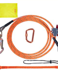 Heavy Duty Steel Core Arborist Flipline Half Inch By Twelve Foot Tree Climbing Rope With Alloy Steel Snap Hook Aluminum Carabiner Extra Tool Lanyard Pro Grade Fall Protection For Climbers ANSI Compliant, showing rope and carabiner.