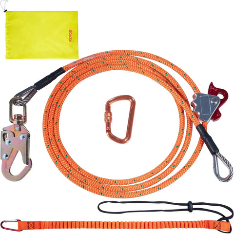 Heavy Duty Steel Core Arborist Flipline Half Inch By Twelve Foot Tree Climbing Rope With Alloy Steel Snap Hook Aluminum Carabiner Extra Tool Lanyard Pro Grade Fall Protection For Climbers ANSI Compliant, showing rope and carabiner.